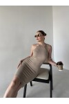 Kadın Vizon Renk Midi Boy Boyundan Bağlamalı Slim Fit Örme Elbise