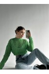 Kadın Yeşil Bisiklet Yaka Ajurlu Triko Crop Bluz